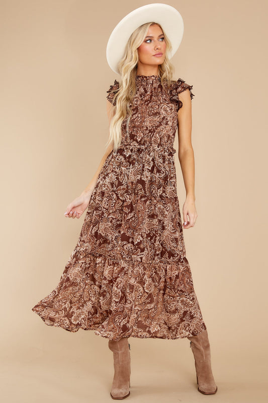Beautiful Frills Copper Brown Print Midi Dress