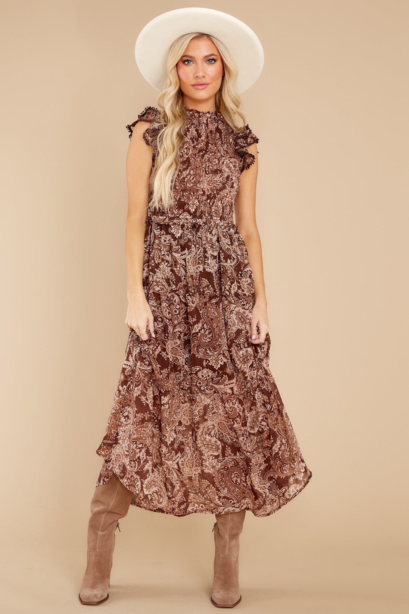 Beautiful Frills Copper Brown Print Midi Dress