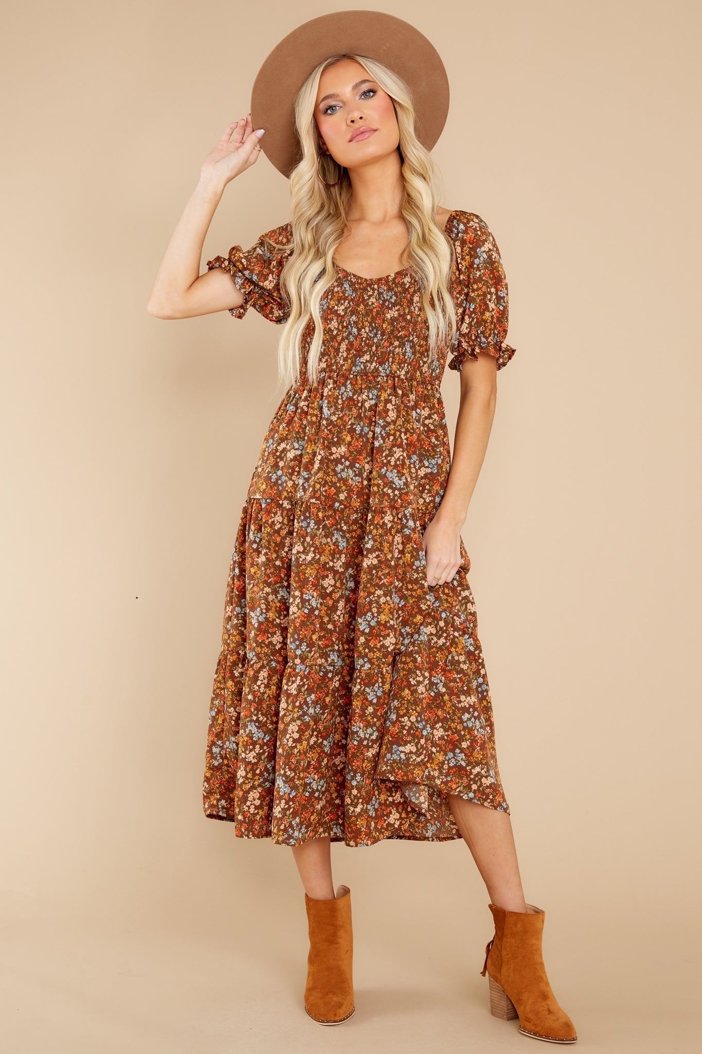 Easy To Love Brown Floral Midi Dress