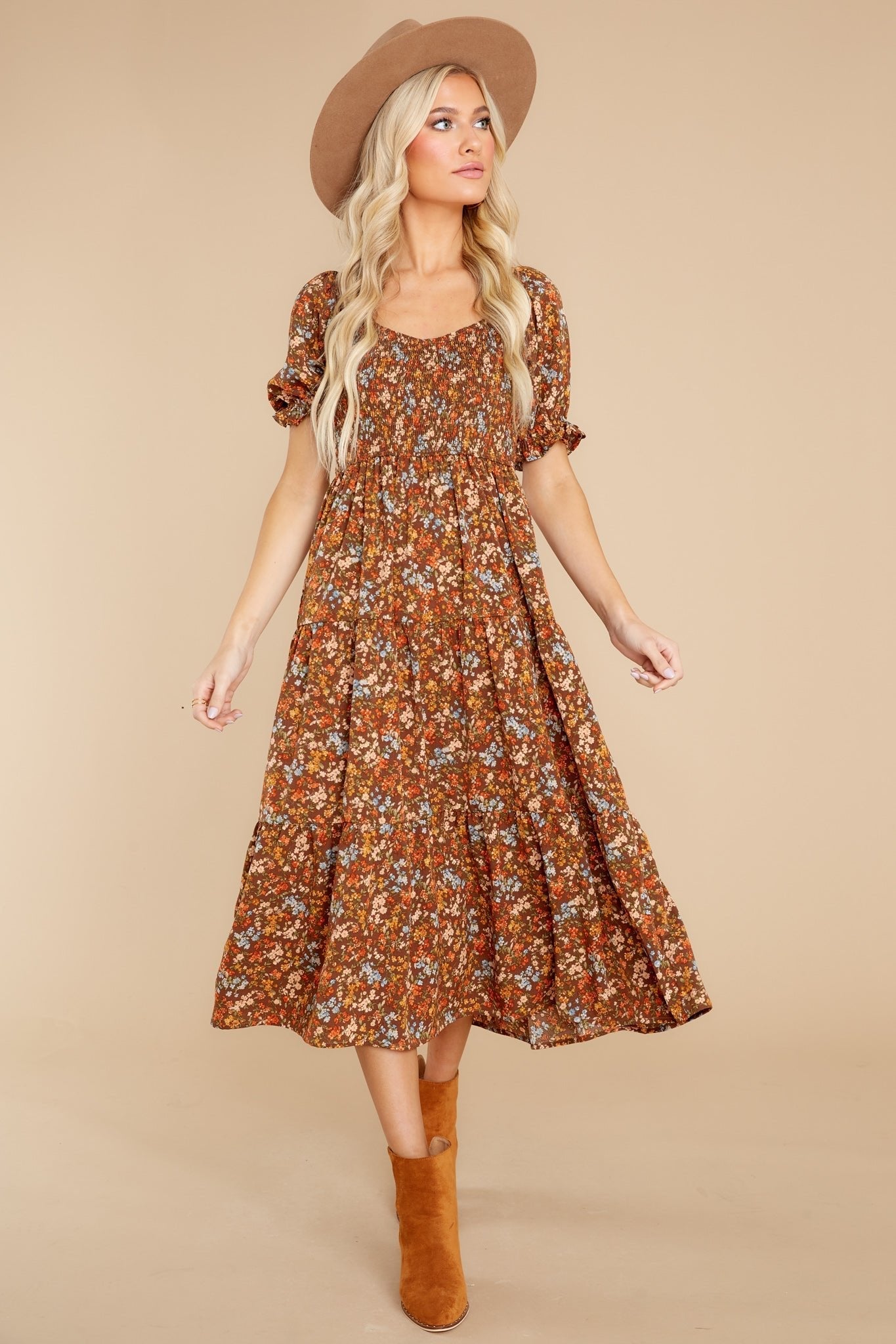 Easy To Love Brown Floral Midi Dress